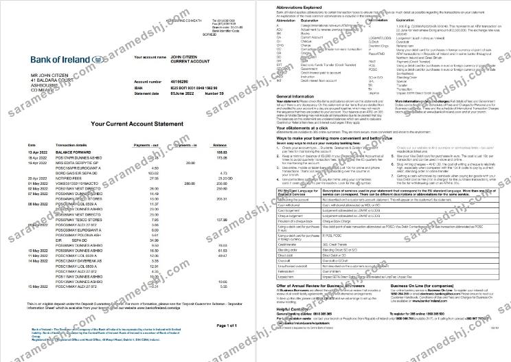 Irland Bank of Ireland statement 2 pages